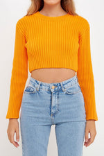 Cropped Ribbed Knit Sweater- Orange