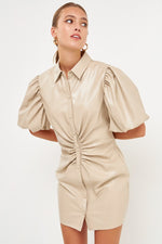PU Leather Button Closure Mini Dress- Taupe