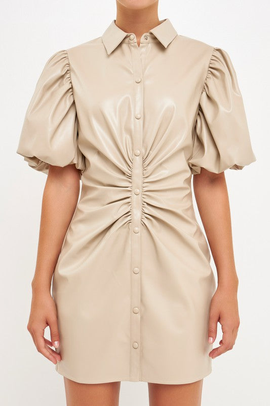 PU Leather Button Closure Mini Dress- Taupe