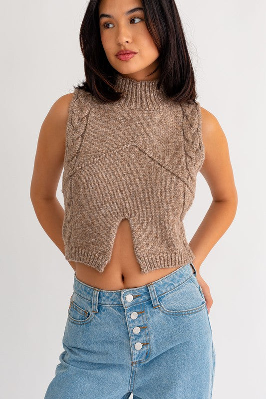 Mock Neck Cutout Crop Sweater Top- Mocha