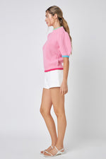 Color Contrast Puff Sleeve Sweater - Pink Multi