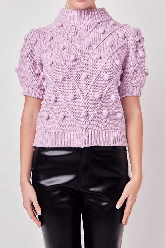 Pom Pom Puff Sleeve Sweater- Lilac