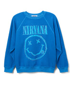 Nirvana Smiley Reverse Raglan Crew- Washed Cobalt