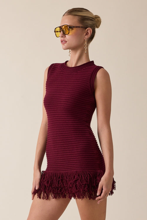 Fringe Mini Dress- Cherry Lacquer