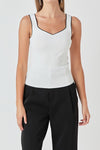 Contrast Binding Sweetheart Knit Top- White/Black