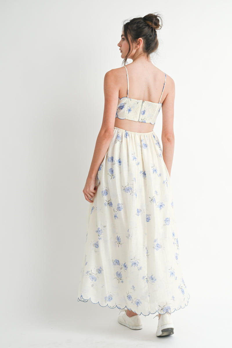 Floral Scallop Midi Dress- Blue
