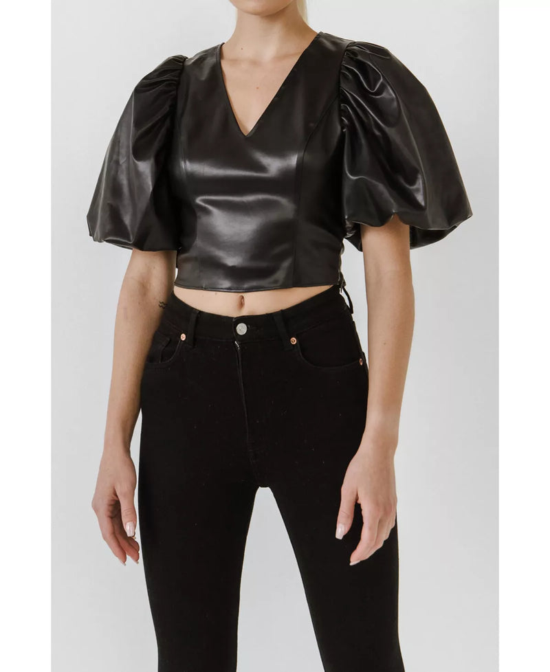 Leather PU Puff Sleeve Top - Black