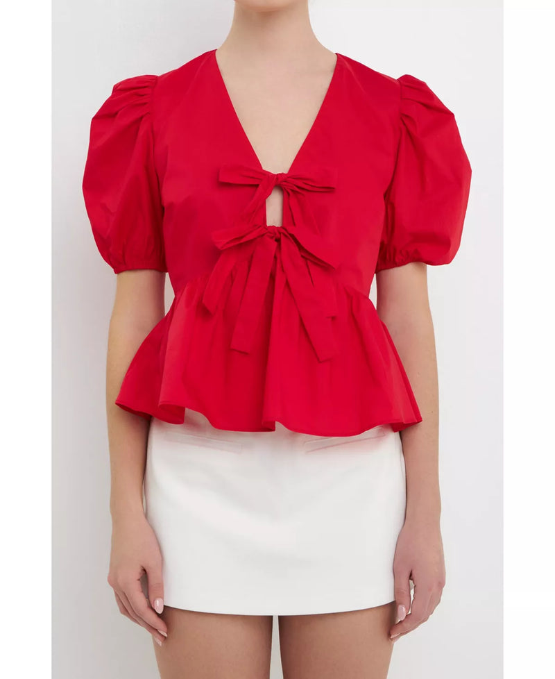 Front Tie Puff Sleeve Top- Red