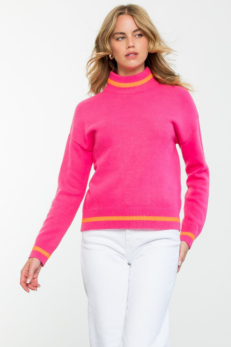 Mock Neck Stripe Detail Sweater - Pink