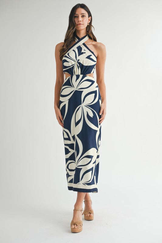 Halter Neck Midi Dress- Navy