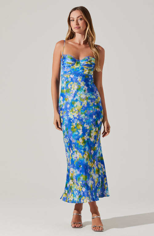 Florianne Floral Satin Maxi Dress- Blue Yellow Abstract