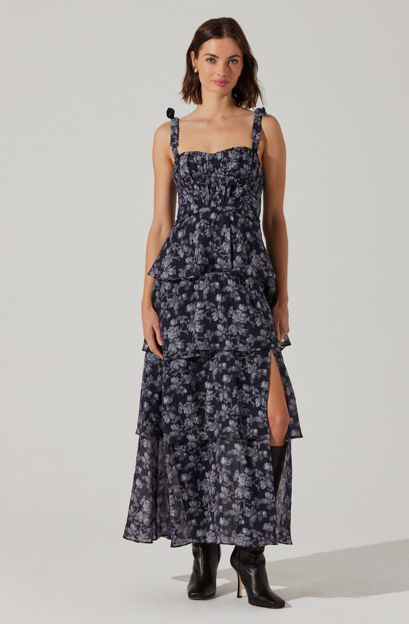 Mellorie Floral Tiered Maxi Dress- Navy Grey Floral