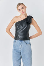 Asymmetric Faux Leather Top With Bow Tie- Black