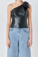 Asymmetric Faux Leather Top With Bow Tie- Black