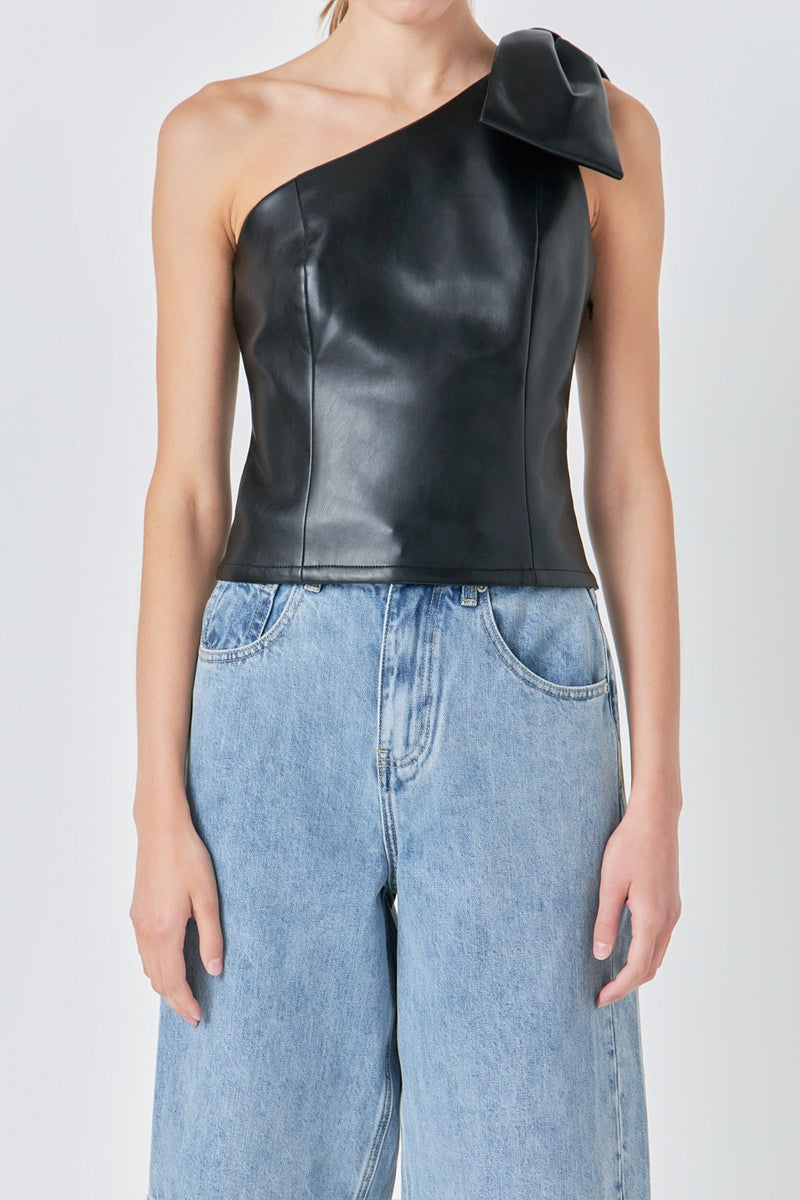 Asymmetric Faux Leather Top With Bow Tie- Black