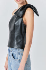 Asymmetric Faux Leather Top With Bow Tie- Black