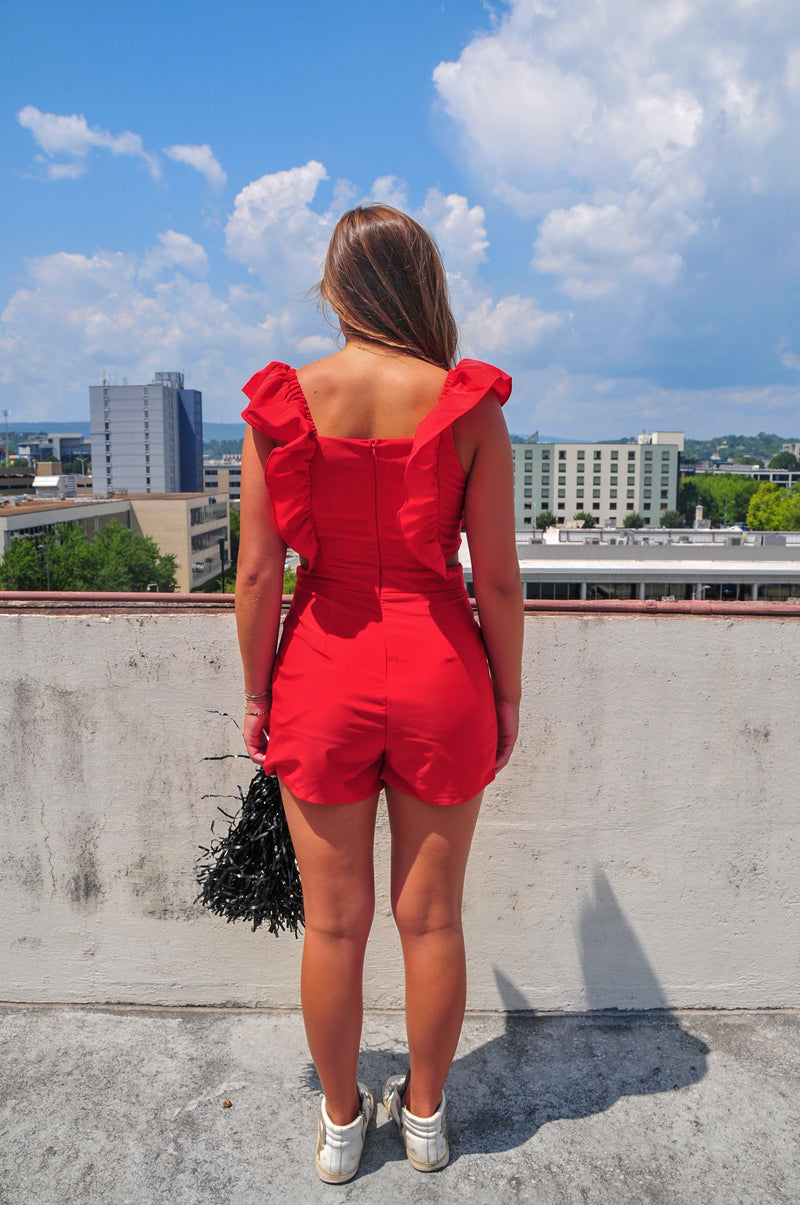 Ruffle Cutout Romper - Red