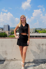 V-Neck Crop and Mini Skirt Sweater Set - Black