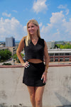V-Neck Crop and Mini Skirt Sweater Set - Black