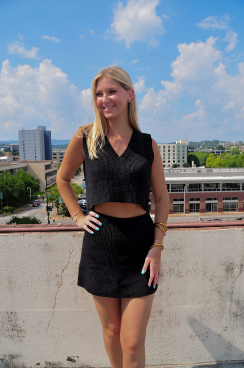V-Neck Crop and Mini Skirt Sweater Set - Black