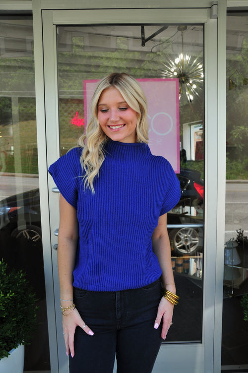 Turtle Neck Powershoulder Sweater - Cobalt