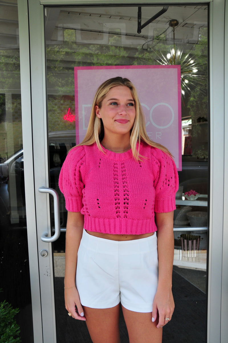 Pointelle Cropped Sweater - Hot Pink