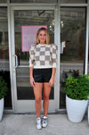 Check Puff Sleeve Sweater- Taupe