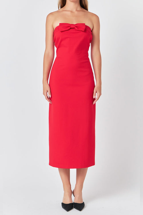 Strapless Bow Midi Dress- Red