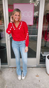 Heart Contrast Knit Cardigan - Red