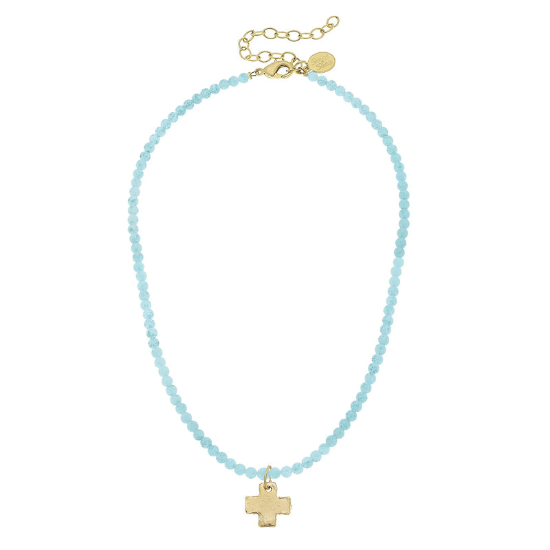 Handcast Gold Cross- Aqua Agate