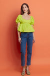 Tied Strap Puff Sleeve Woven Top- Lime