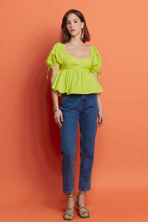 Tied Strap Puff Sleeve Woven Top- Lime