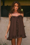 Kristia Flounce Ruffle Mini Dress- Bitter Chocolate