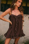 Kristia Flounce Ruffle Mini Dress- Bitter Chocolate