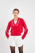 Heart Contrast Knit Cardigan - Red