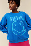 Nirvana Smiley Reverse Raglan Crew- Washed Cobalt
