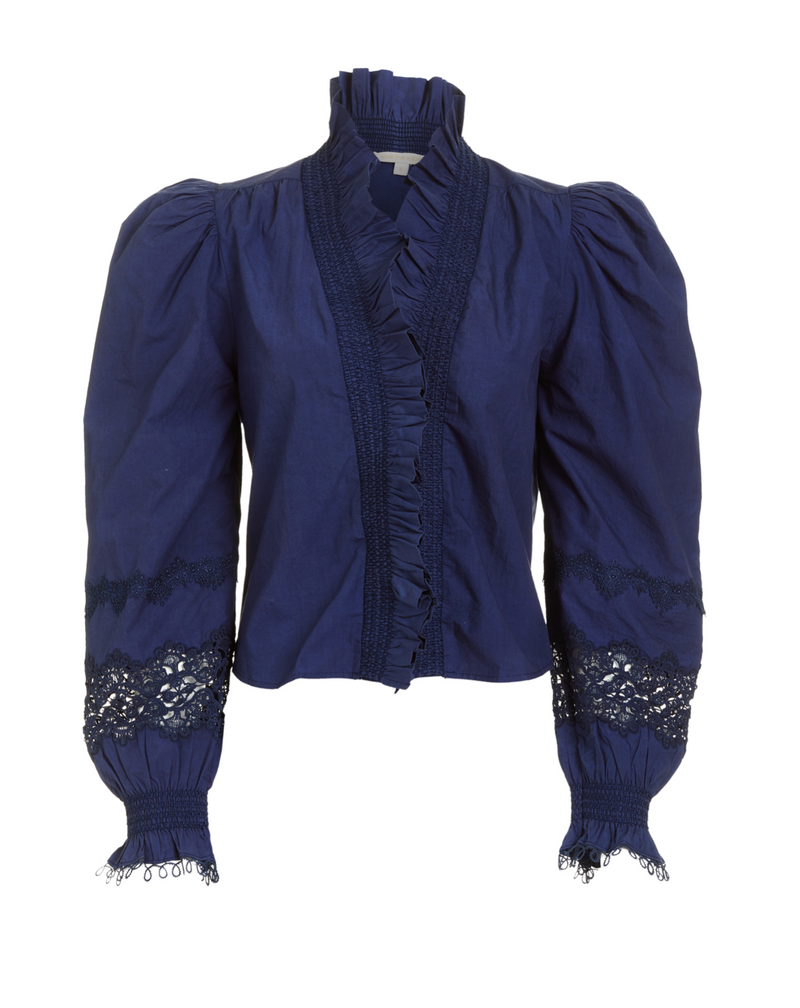 Long Sleeve Zuri Top With Lace Trim- Sapphire