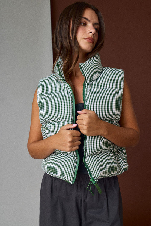 Gingham Puffer Vest- Green